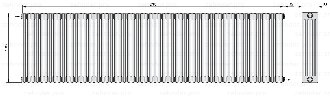 Схема (чертеж) Радиатор Zehnder Charleston 5150/60 №1670 Белый глянцевый RAL 9016
